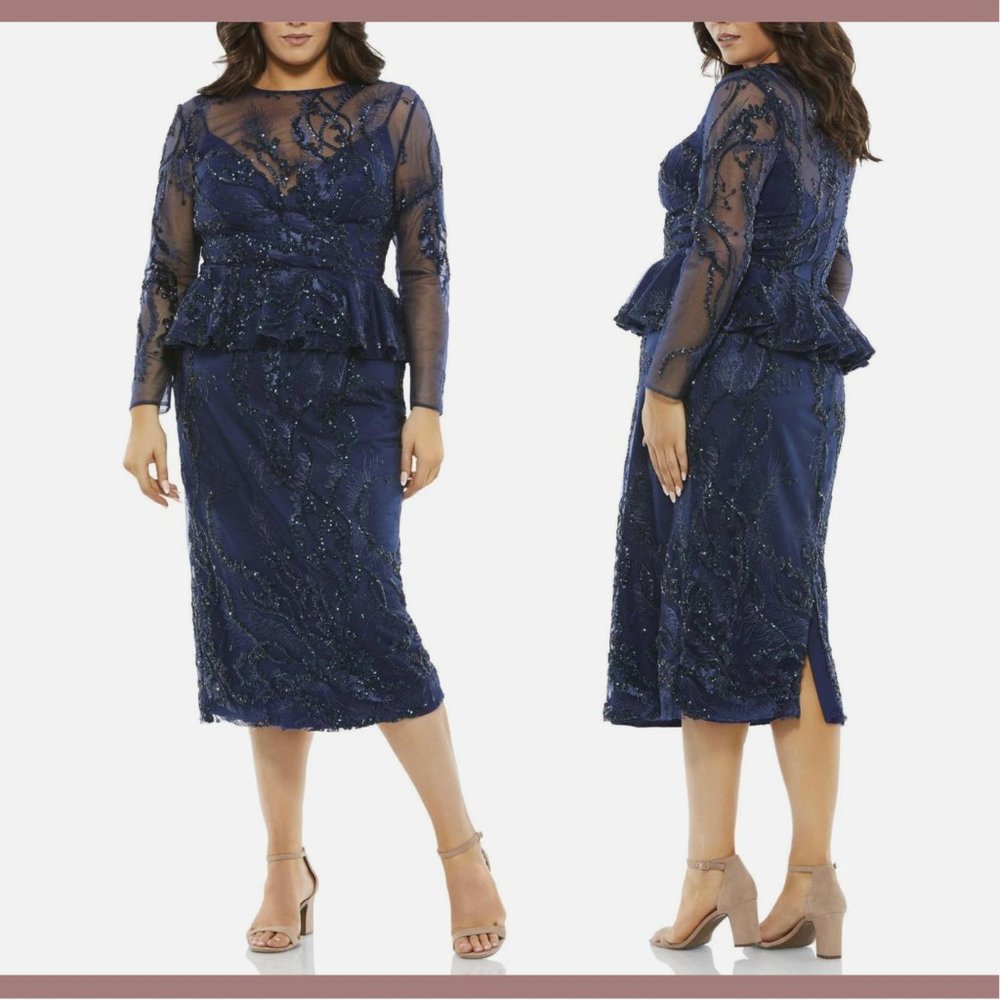 NWT $498 Mac Duggal [‎ PLUS 18W ] Embellished Peplum Midi Sheath Dress Blue